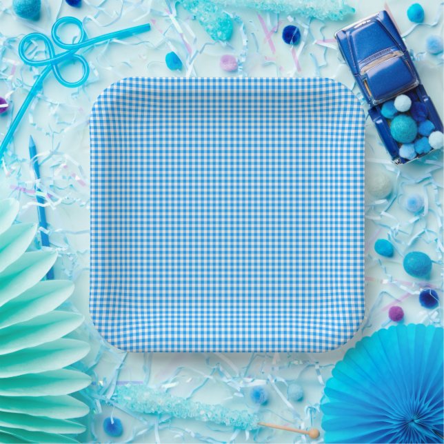 Gingham Pastel Blue-White-PAPER PARTY PLATES (Party)