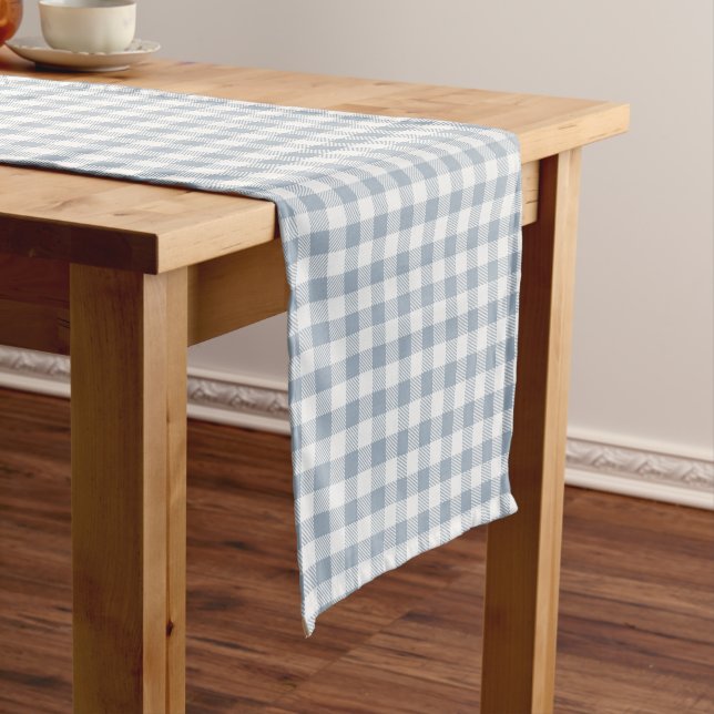 Gingham Pattern Coastal Checkered White Muted Blue Short Table Runner (In Situ)