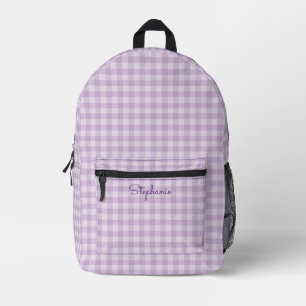 Gingham Pattern Girly Pastel Lilac Lavender Name Printed Backpack
