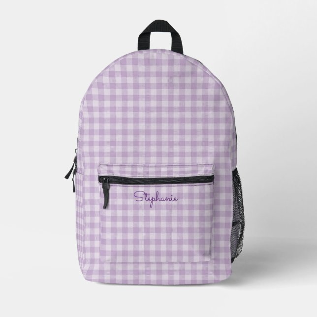 Gingham Pattern Girly Pastel Lilac Lavender Name Printed Backpack (Front)