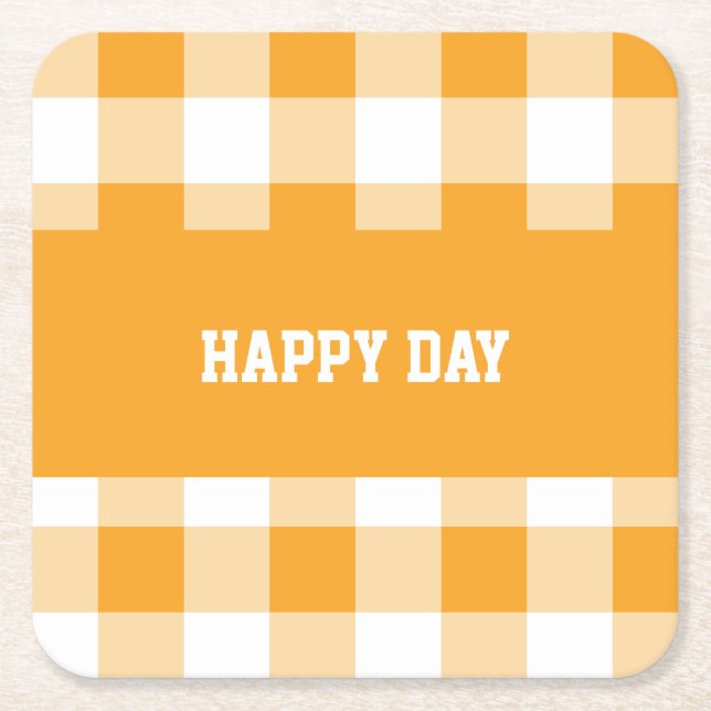 Gingham Pattern Happy Day  Square Paper Coaster (Front)