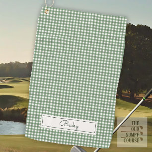 Gingham Pattern in Green with Name Golf Towel