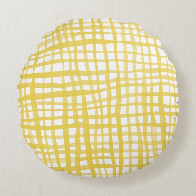 Gingham pattern in yellow round cushion (Front)