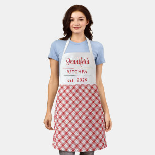 Gingham Pattern Modern Red White Name  Apron