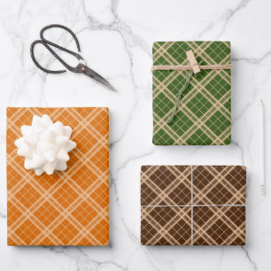 Gingham Pattern On Forest Green Orange Dark Brown Wrapping Paper Sheet