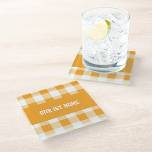Gingham Pattern Our 1st Home Glass Coaster