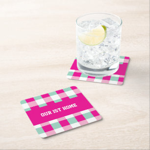 Gingham Pattern Our 1st Home Square Paper Coaster