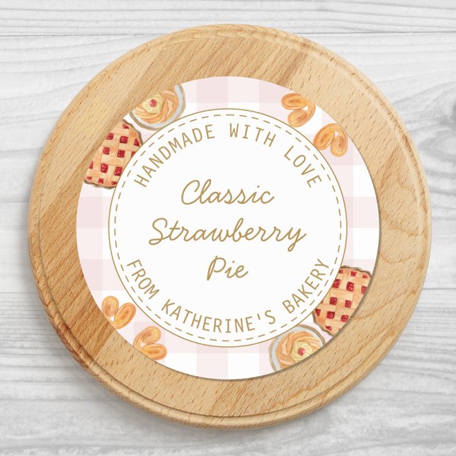Gingham Pattern Watercolor Pastries Baking Bakery Classic Round Sticker (Close up)