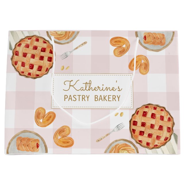 Gingham Pattern Watercolor Pastries Baking Bakery  Large Gift Bag (Front)