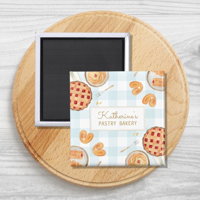 Gingham Pattern Watercolor Pastries Baking Bakery  Magnet (Close up)