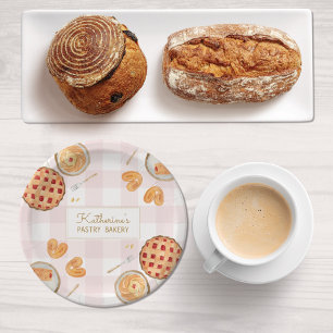 Gingham Pattern Watercolor Pastries Baking Bakery Paper Plate