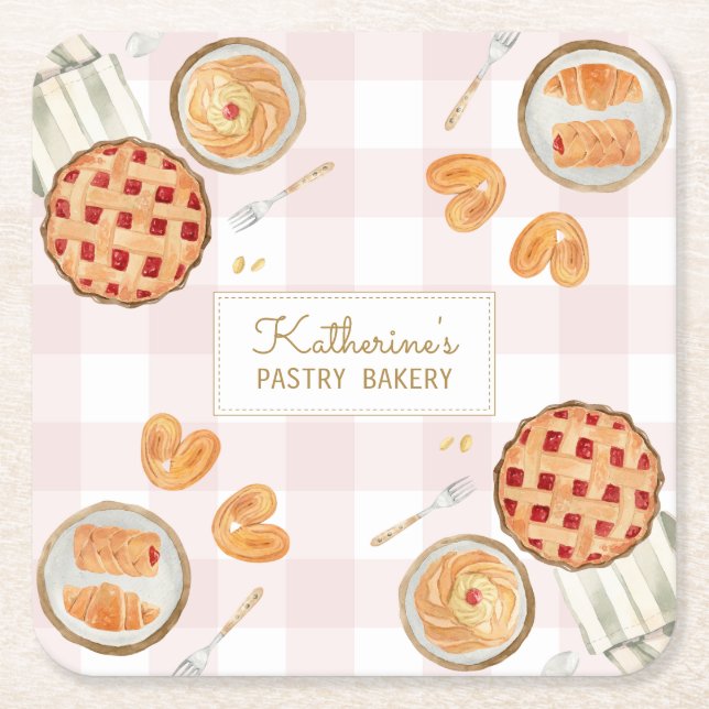 Gingham Pattern Watercolor Pastries Baking Bakery Square Paper Coaster (Front)