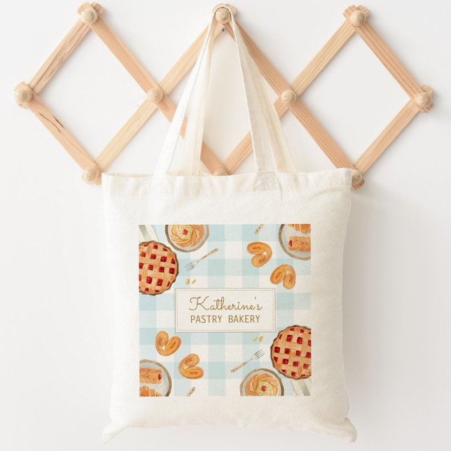 Gingham Pattern Watercolor Pastries Baking Bakery  Tote Bag (In situ)