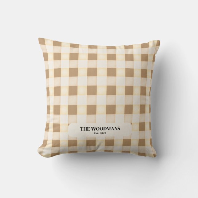 Gingham Pattern with Family Name Throw Pillow (Front)
