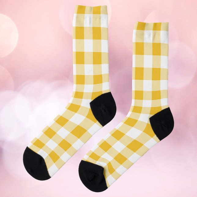 Gingham Pattern Yellow and White Socks (A pair of socks with a yellow and white gingham pattern)