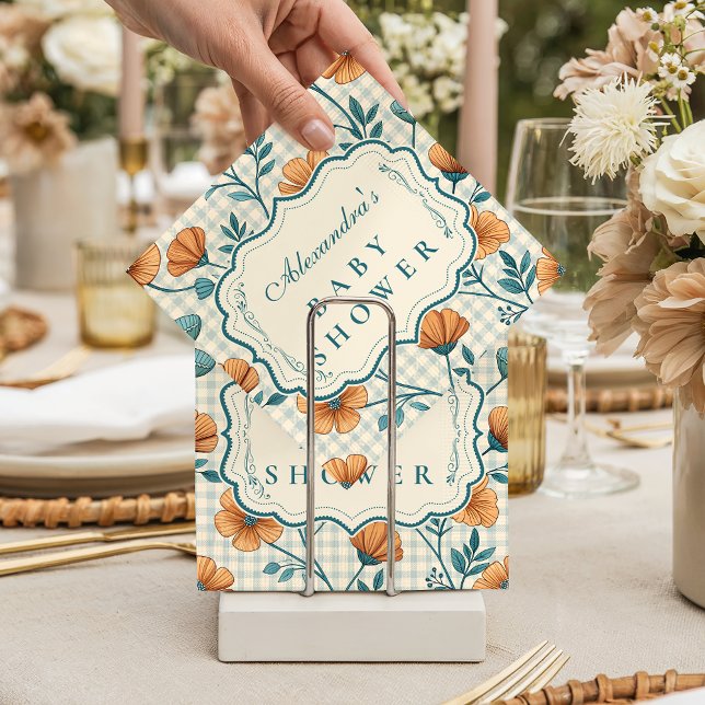Gingham Peach Floral Baby Shower Napkin (Creator Uploaded)
