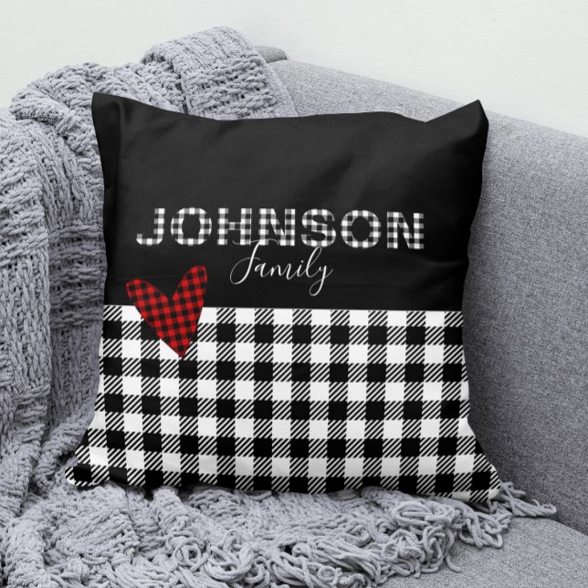 Gingham Personalised Black and White Buffalo Check Cushion (Family Name Black and White Buffalo Check Pillow with Red Gingham Heart)