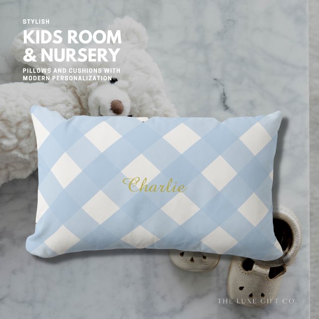 Gingham Personalised Blue Lumbar Pillow Cushion (Creator Uploaded)