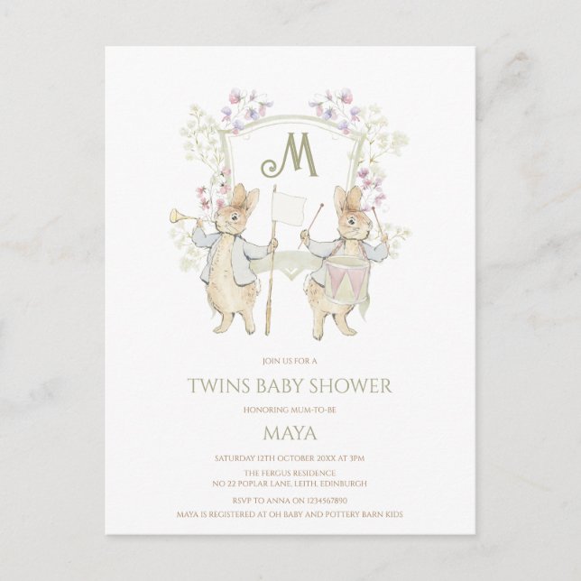 Gingham Peter the Rabbit Twins Baby Shower Budget  Postcard (Front)