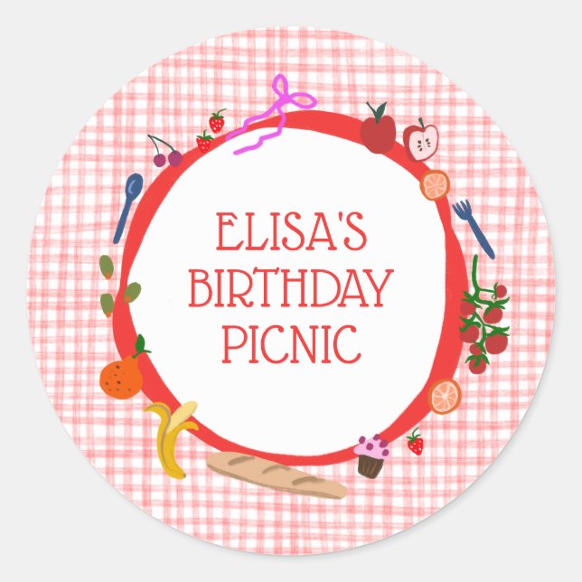 Gingham Picnic Modern Cute CUSTOM BIRTHDAY PARTY Classic Round Sticker (Front)