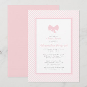 Gingham pink bow baby shower invitation