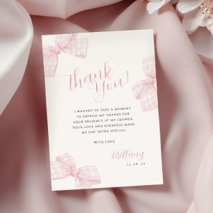 Gingham Pink Bow Baby Shower Thank You Card