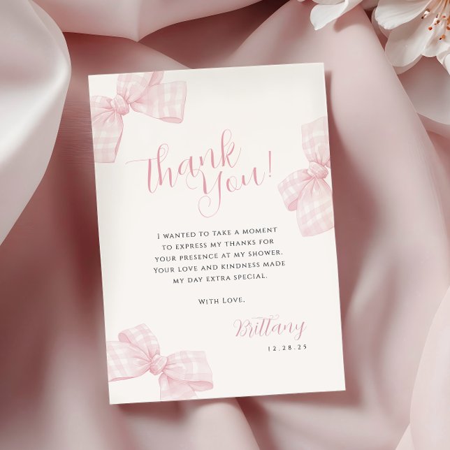 Gingham Pink Bow Baby Shower Thank You Card (Creator Uploaded)