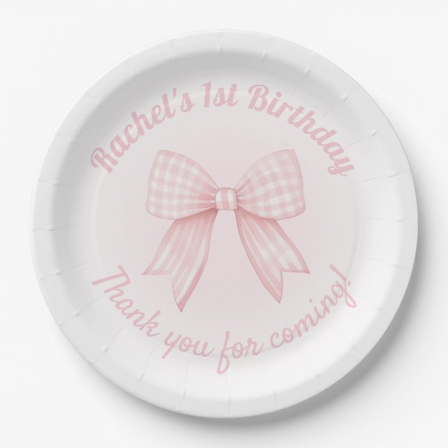 gingham pink bow thank you for coming paper plate (Front)