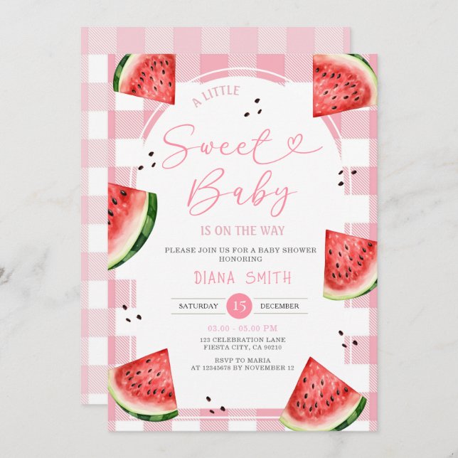 Gingham Pink Bow Watermelon Baby Shower Invitation (Front/Back)