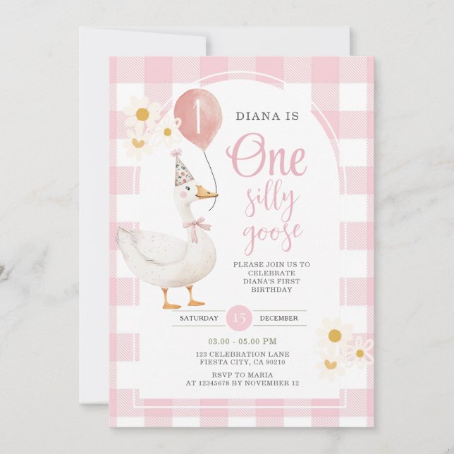 Gingham Pink Daisy One Silly Goose 1st Birthday  Invitation (Front)