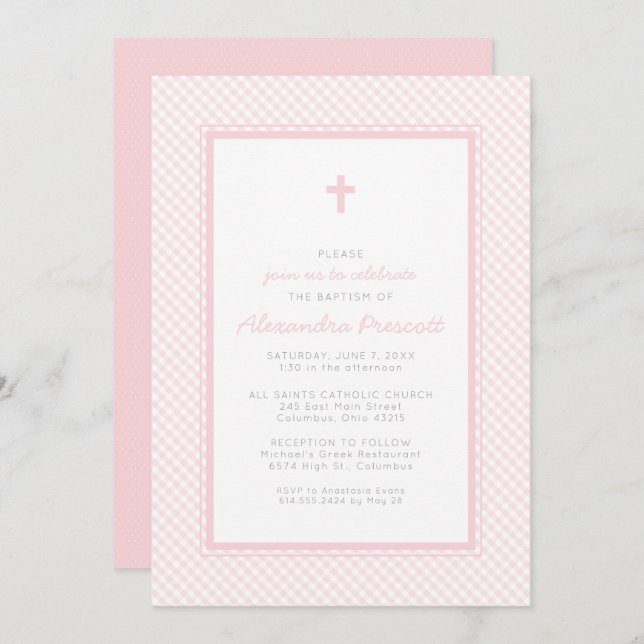 Gingham pink girl baptism invitation (Front/Back)