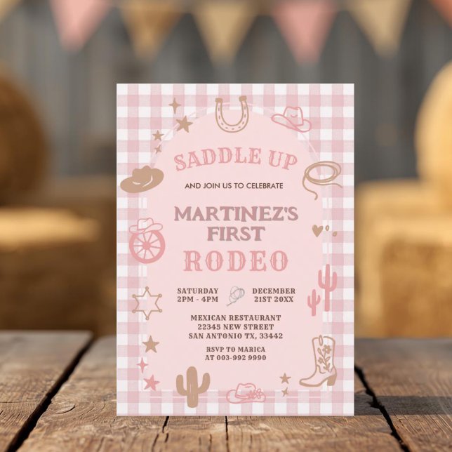Gingham Pink Girl My First Rodeo Cowgirl Birthday Invitation (Creator Uploaded)