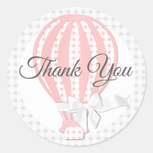 Gingham Pink Hot Air Balloon Classic Round Sticker