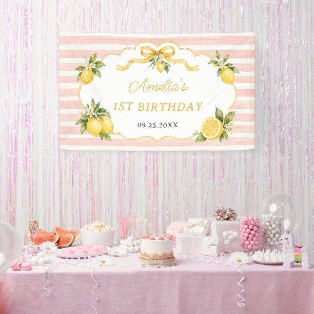 Gingham Pink Lemon Themed 1st Birthday Banner (Party)