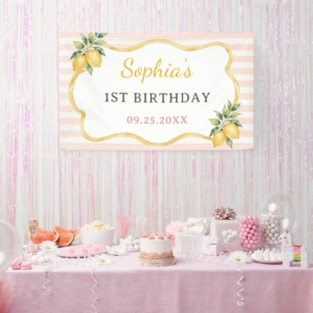 Gingham Pink Lemon Themed 1st Birthday Banner (Party)