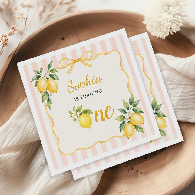 Gingham Pink Lemon Themed 1st Birthday Napkin (Creator Uploaded)