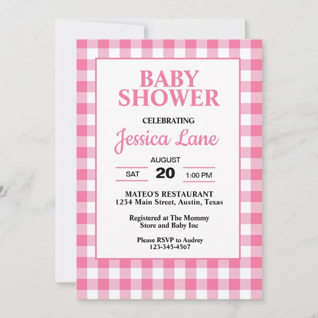 Gingham Pink Plaid Baby Shower Invitation (Front)