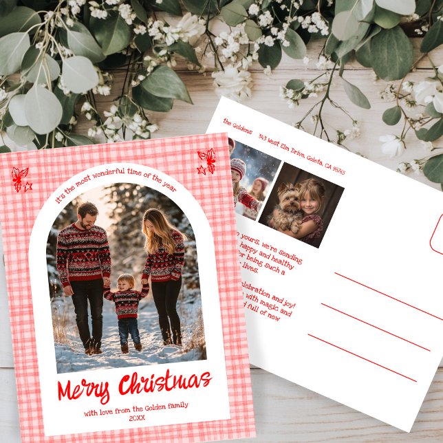 Gingham Pink Red Christmas Custom Arch 3 Photo  Holiday Postcard (Gingham Plaid Pink Red Christmas Custom Arch 3 Photo Holiday Postcard
)