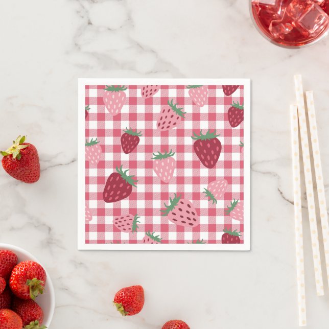Gingham Pink & Red Strawberry Berry  Napkin (Insitu)