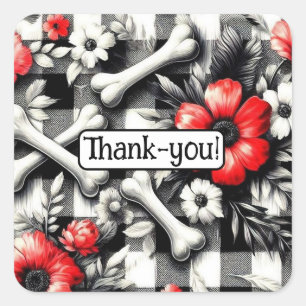 Gingham Plaid Black White Red Floral Thank-you Square Sticker