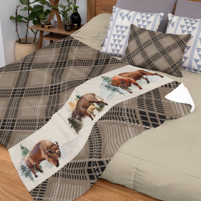 Gingham Plaid Watercolor Bison Buffalo Rustic Fleece Blanket (Creator Uploaded)