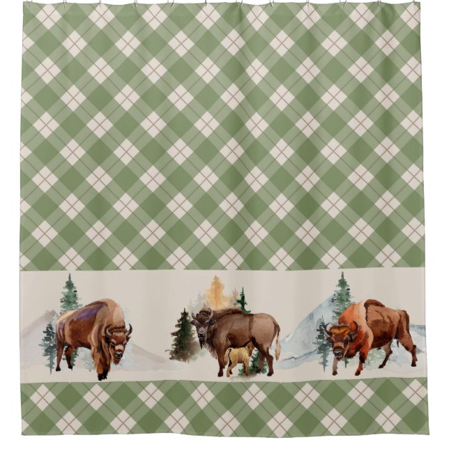 Gingham Plaid Watercolor Bison Buffalo Southwest Shower Curtain (Front)