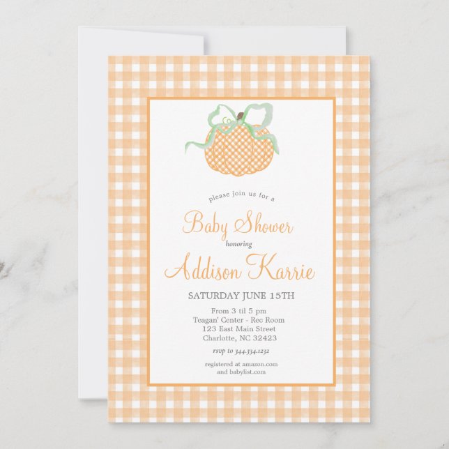 Gingham Pumpkin Baby Shower Invitation (Front)