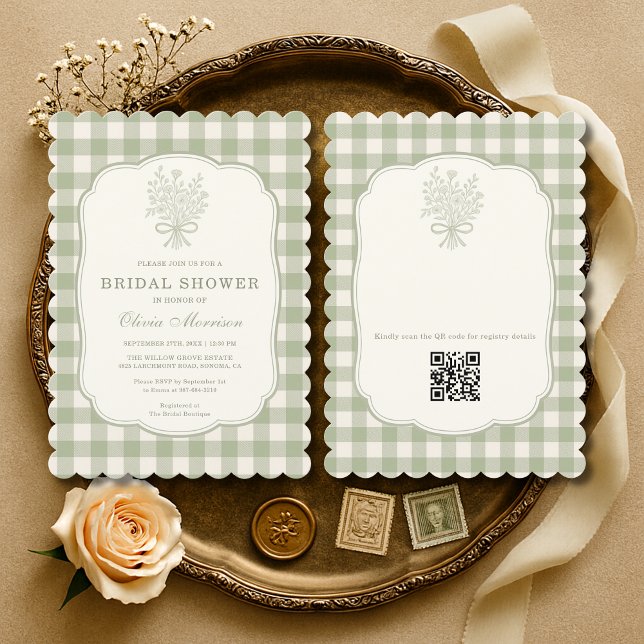 Gingham QR Code Sage Green Floral Bridal Shower Invitation (Creator Uploaded)