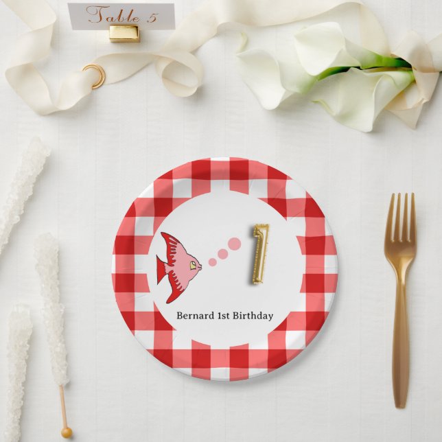 Gingham, Red Fish & Balloon 1st Birthday Paper Plate (Wedding)