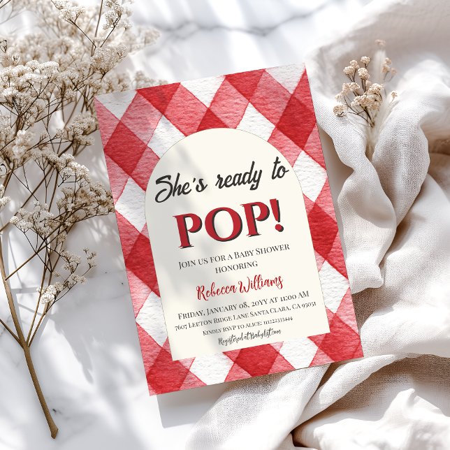 Gingham Red She's Ready to Pop Neutral Baby Shower Invitation (Creator Uploaded)