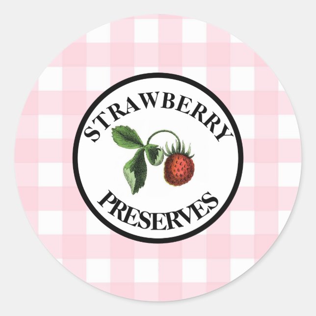 Gingham Retro Strawberry Preserves Classic Round Sticker (Front)