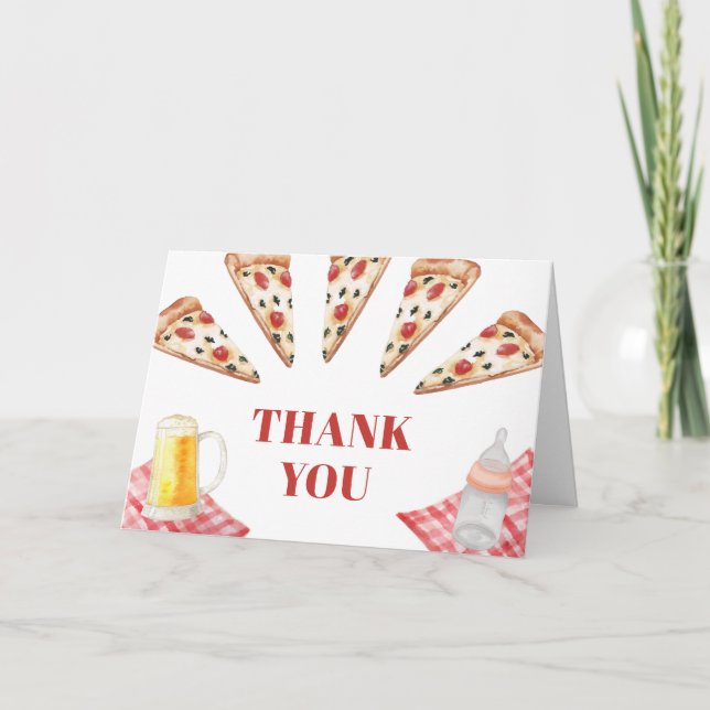 Gingham Rustic Modern Pizza Beers Baby Shower Thank You Card (Front)