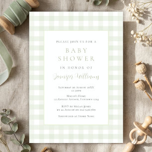 Gingham Sage Green Baby Shower Invitation