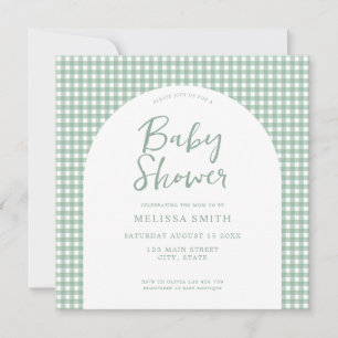 Gingham Sage Green Chequered Plaid Baby Shower Invitation